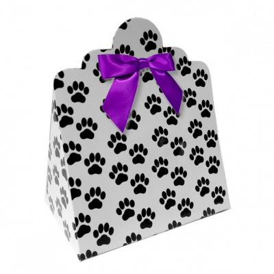 Triangle Gift Boxes with Mini Bows - LARGE PAW PRINTS/PURPLE BOWS (pk10)