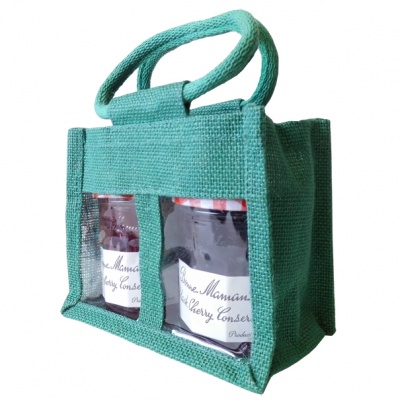 2 JAR JUTE BAG with Window, Partition and Cotton Corded Handles -17x10x14cm high - DARK GREEN
