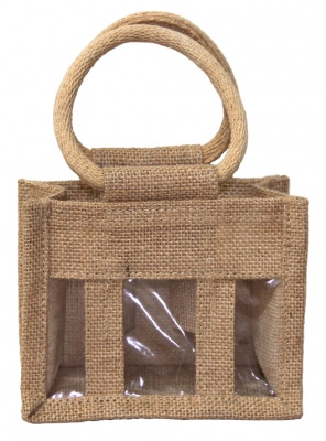 3 MINI BOTTLE JUTE BAG with Window, Partition and Cotton Corded Handles -15x8x12cm high - NATURAL - (Pack of 10)