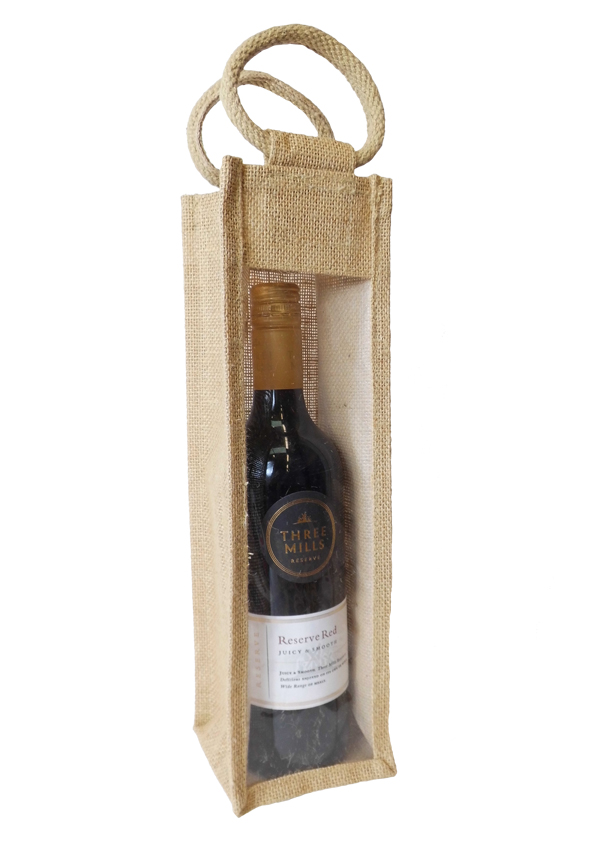 SINGLE WINE BOTTLE JUTE BAG with Window and Cotton Corded Handles - NATURAL