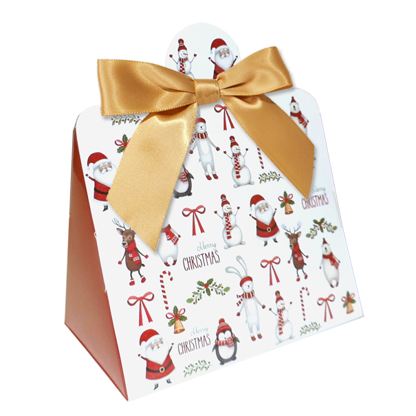 Triangle Gift Box with Mini Bows - SMALL CHRISTMAS CHARACTER/GOLD BOWS (PK10)