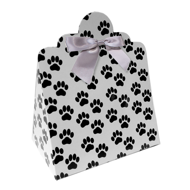 Triangle Gift Boxes with Mini Bows - LARGE PAW PRINTS/SILVER BOWS (pk10)