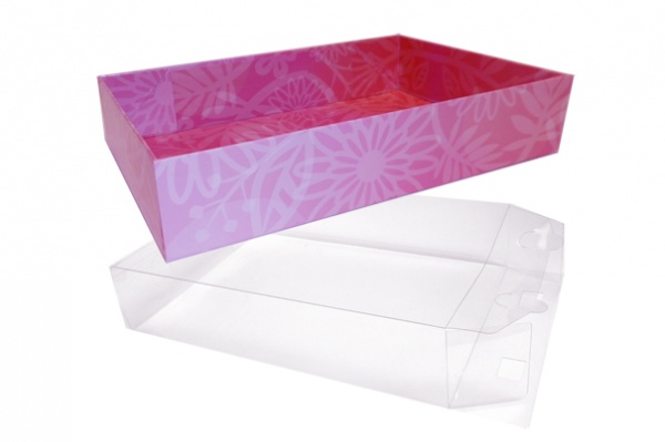 10 x Easy Fold Trays with Acetate Boxes - (30x20x6cm) MEDIUM PINK FLOWERS TRAYS/CLEAR ACETATE BOXES