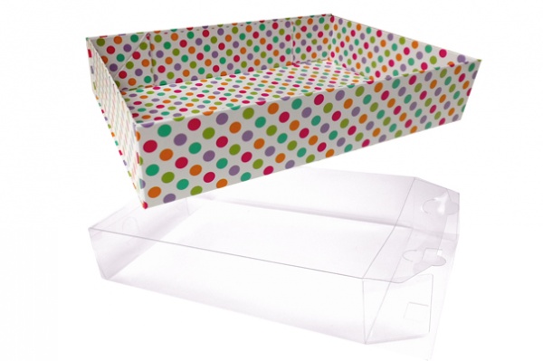 10 x Easy Fold Trays with Acetate Boxes - (35x24x8cm) LARGE SPOTTY TRAYS/CLEAR ACETATE BOXES