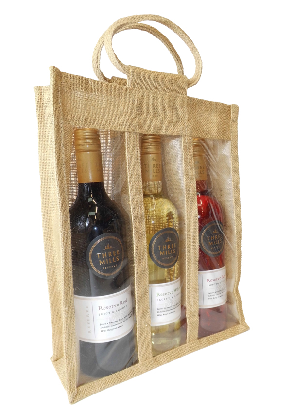 TRIPLE WINE BOTTLE JUTE BAG with Window, Partition and Cotton Corded Handles - NATURAL