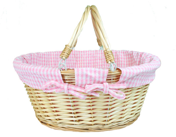 Natural Wicker Shopping Basket with Folding Handles and Pink Gingham Lining- 41cm